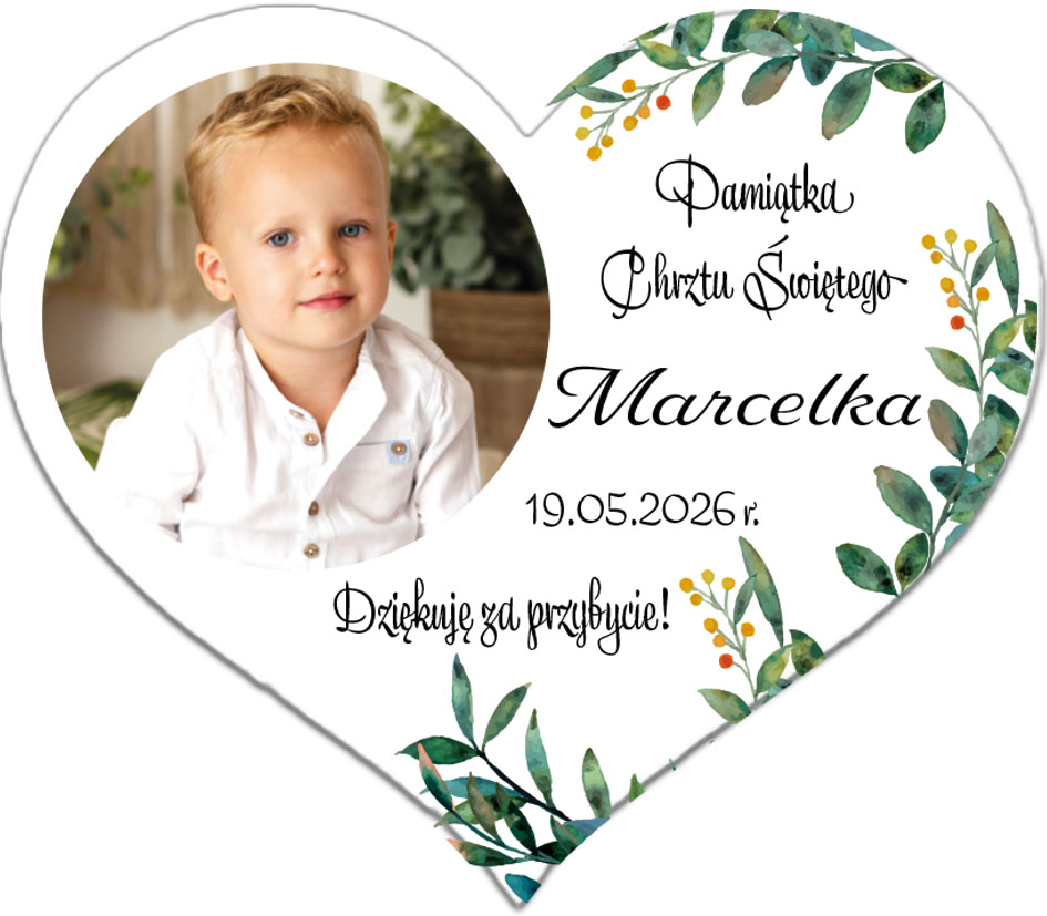 Podziękowanie dla gości chrzest magnes ze zdjęciem serce